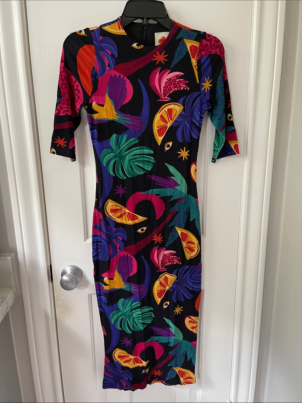 Farm Rio Vibrant Tropical Print Fitted Midi Dress